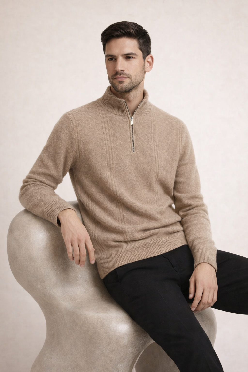 Gerippter Quarter-Zip Sand