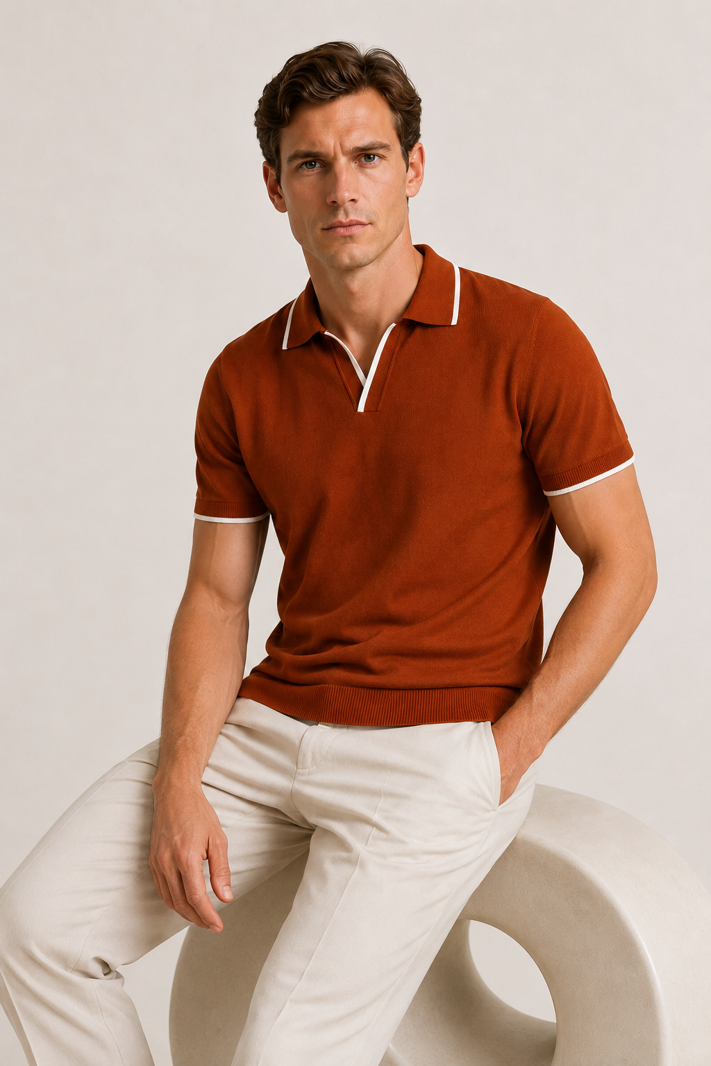 Gestreiftes Poloshirt ohne Knöpfe Terrakotta