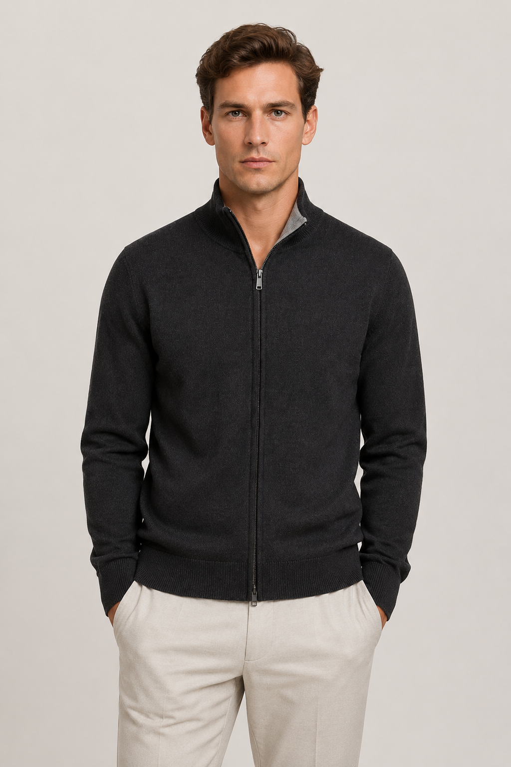 Wende-Strickjacke mit Reißverschluss, Schwarz & Grau