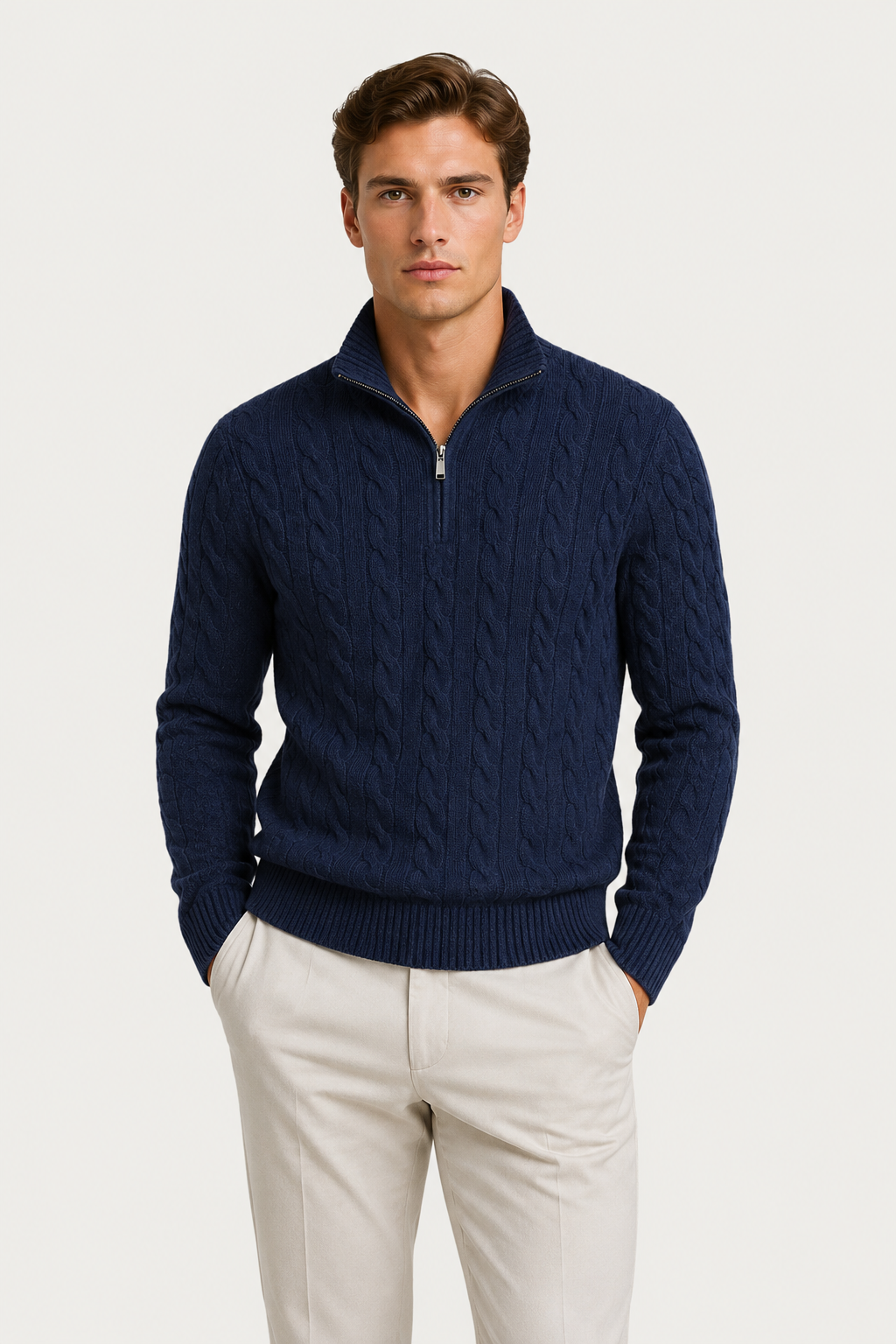 Klassischer Kabelstrick-Pullover mit kurzem Reißverschluss, Marineblau