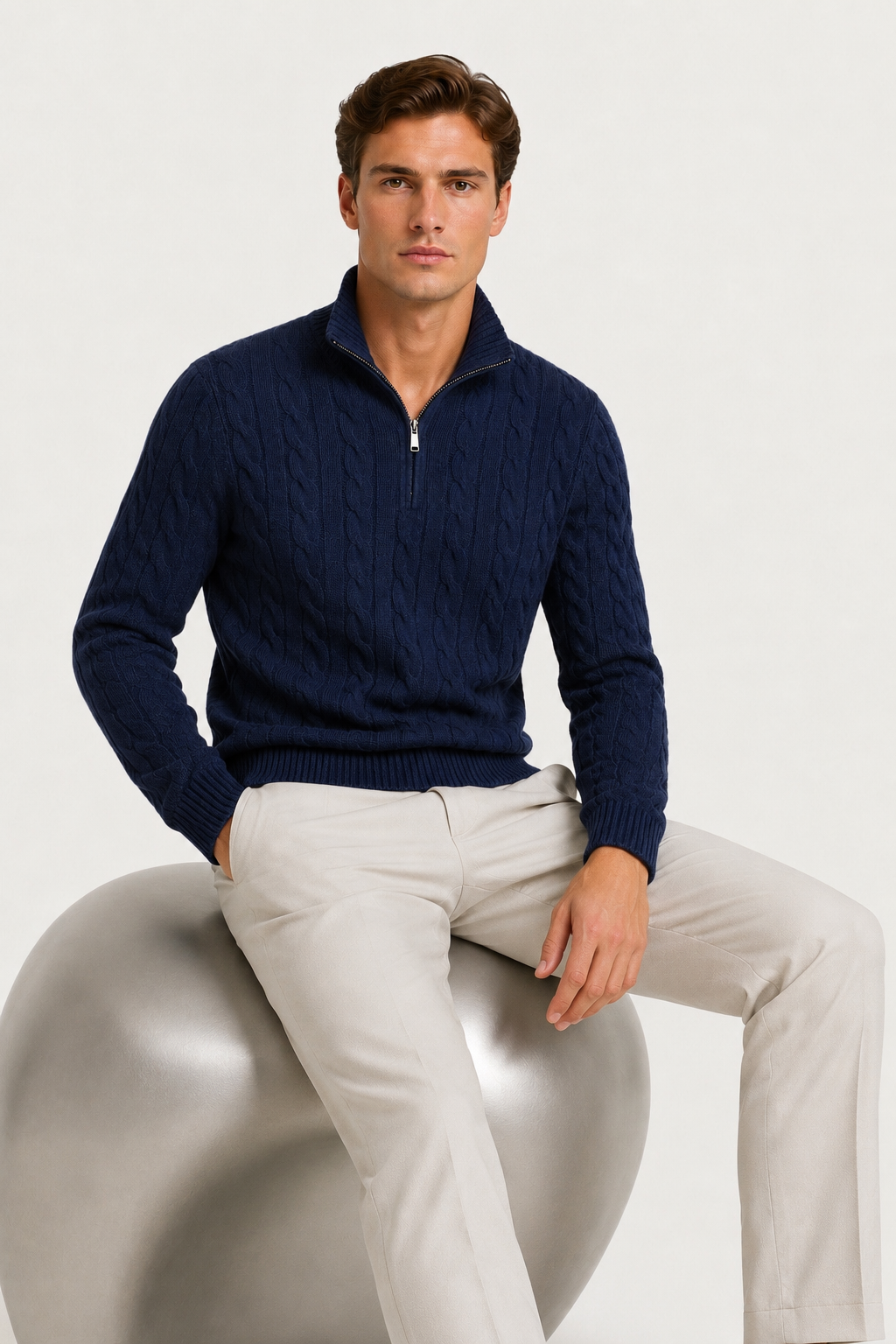 Klassischer Kabelstrick-Pullover mit kurzem Reißverschluss, Marineblau