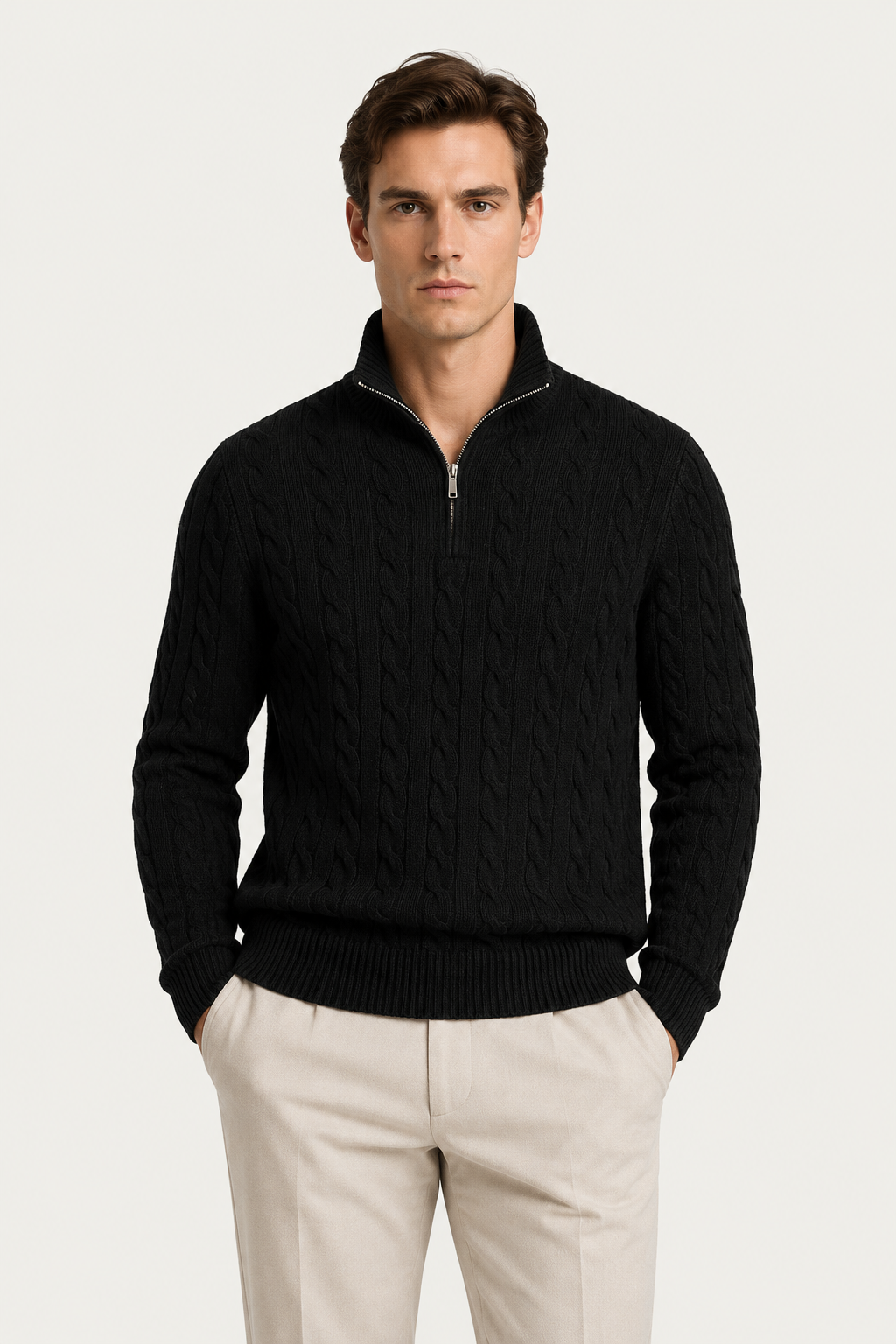 Klassischer Kabelstrick-Pullover mit Viertelreißverschluss, Schwarz