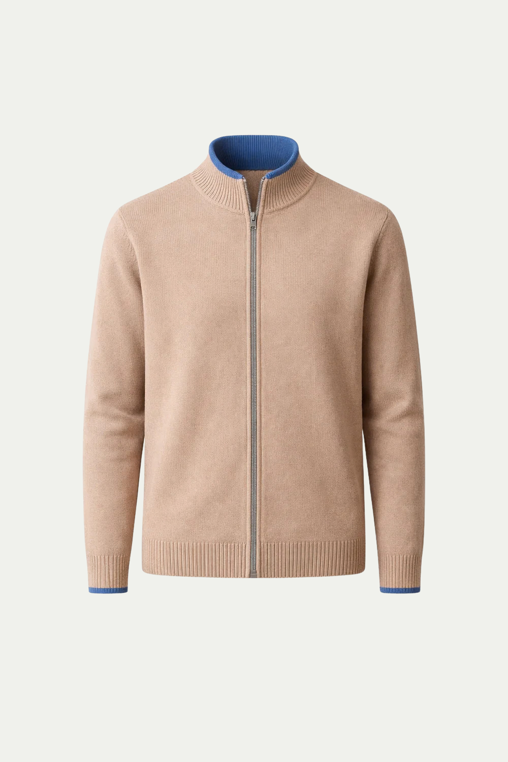 Raffinierter Strickpullover mit durchgehendem Reißverschluss Beige / Hellblau