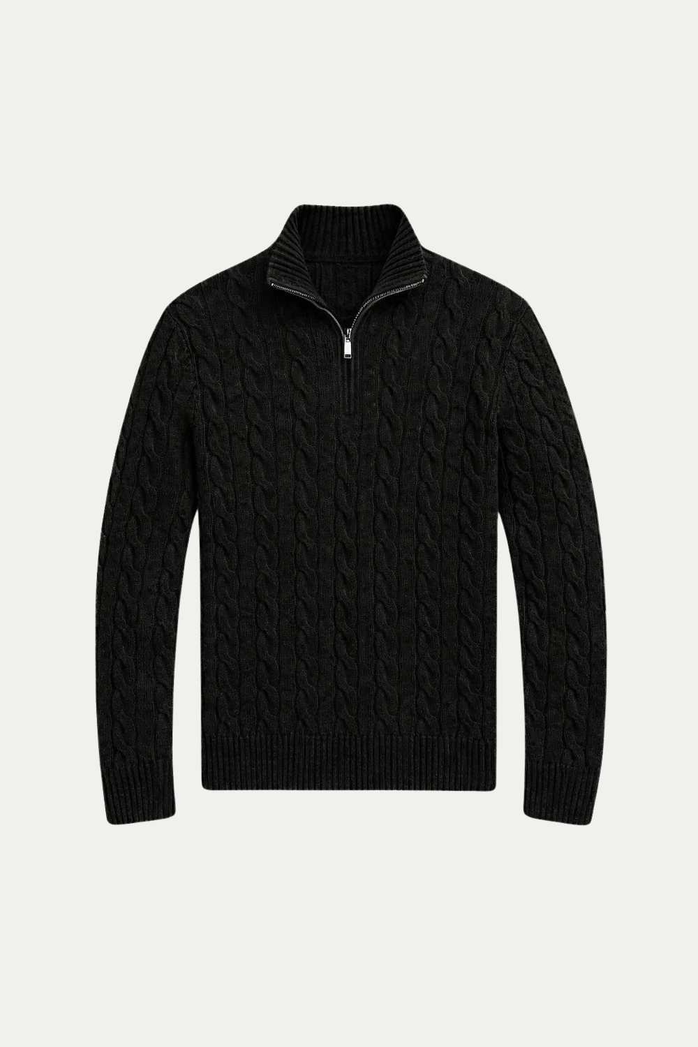 Klassischer Kabelstrick-Pullover mit Viertelreißverschluss, Schwarz