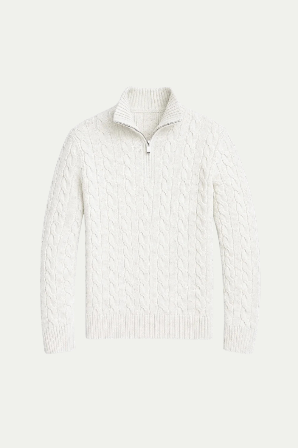 Klassischer Kabelstrick-Pullover mit kurzem Reißverschluss, Weiß