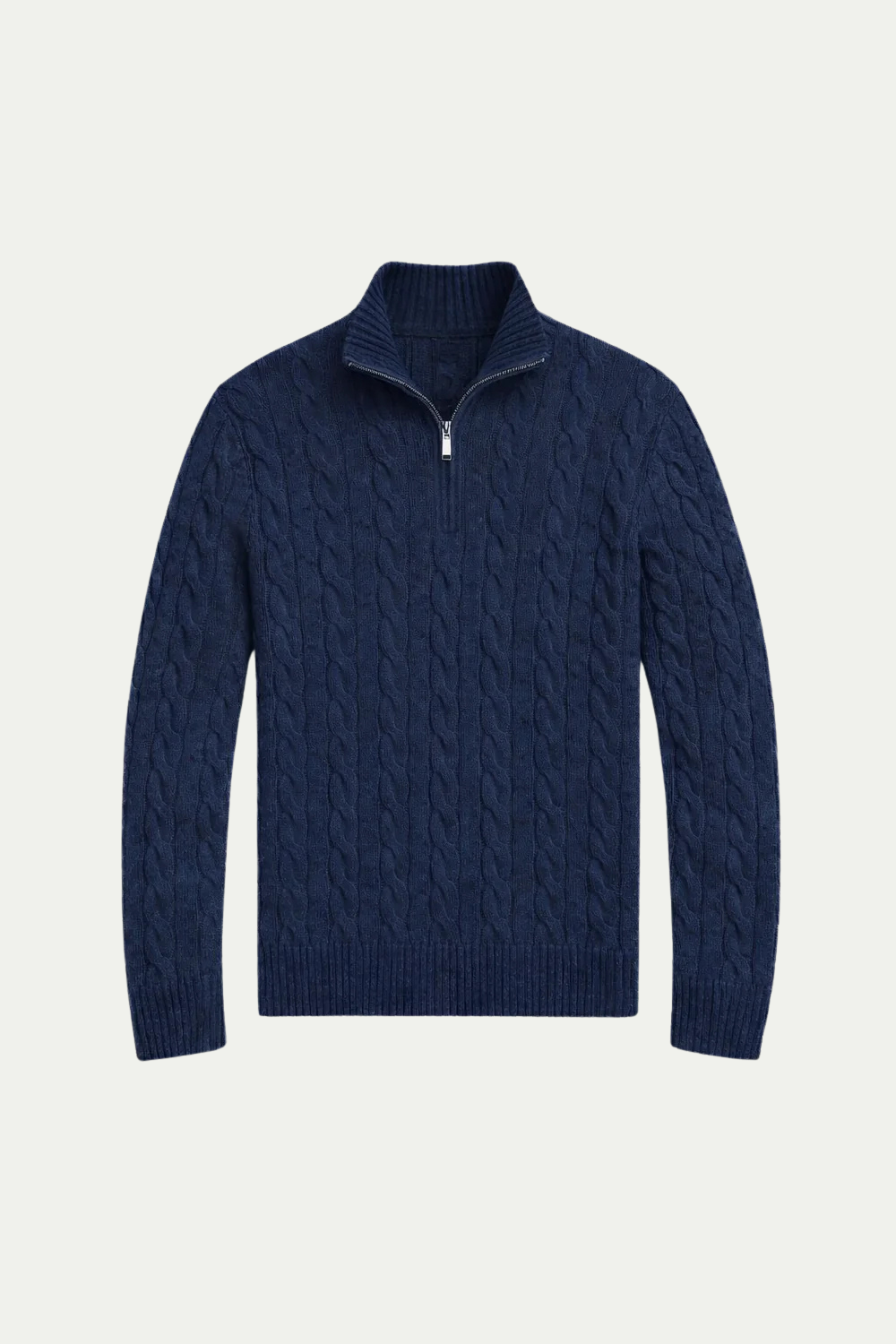 Klassischer Kabelstrick-Pullover mit kurzem Reißverschluss, Marineblau