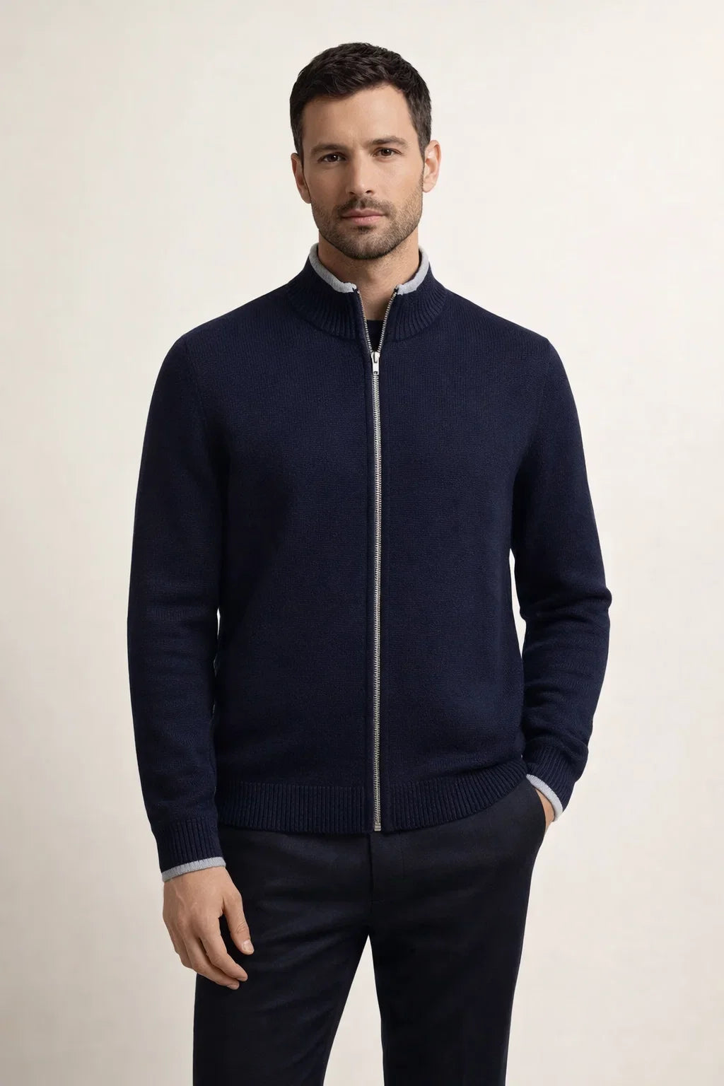 Edler Strickpullover mit durchgehendem Reißverschluss Marine / Hellgrau