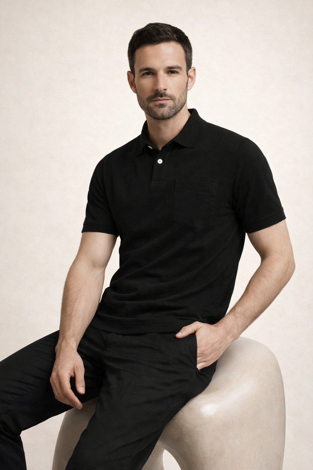 Riviera Frottee Poloshirt Schwarz