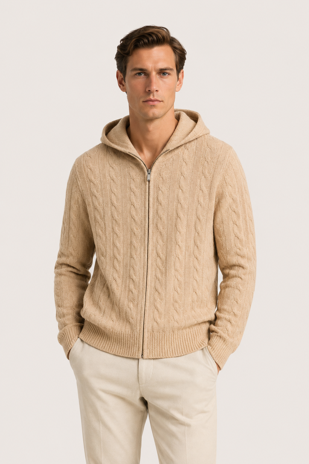 Kapuzenzopfstrick Sandbeige