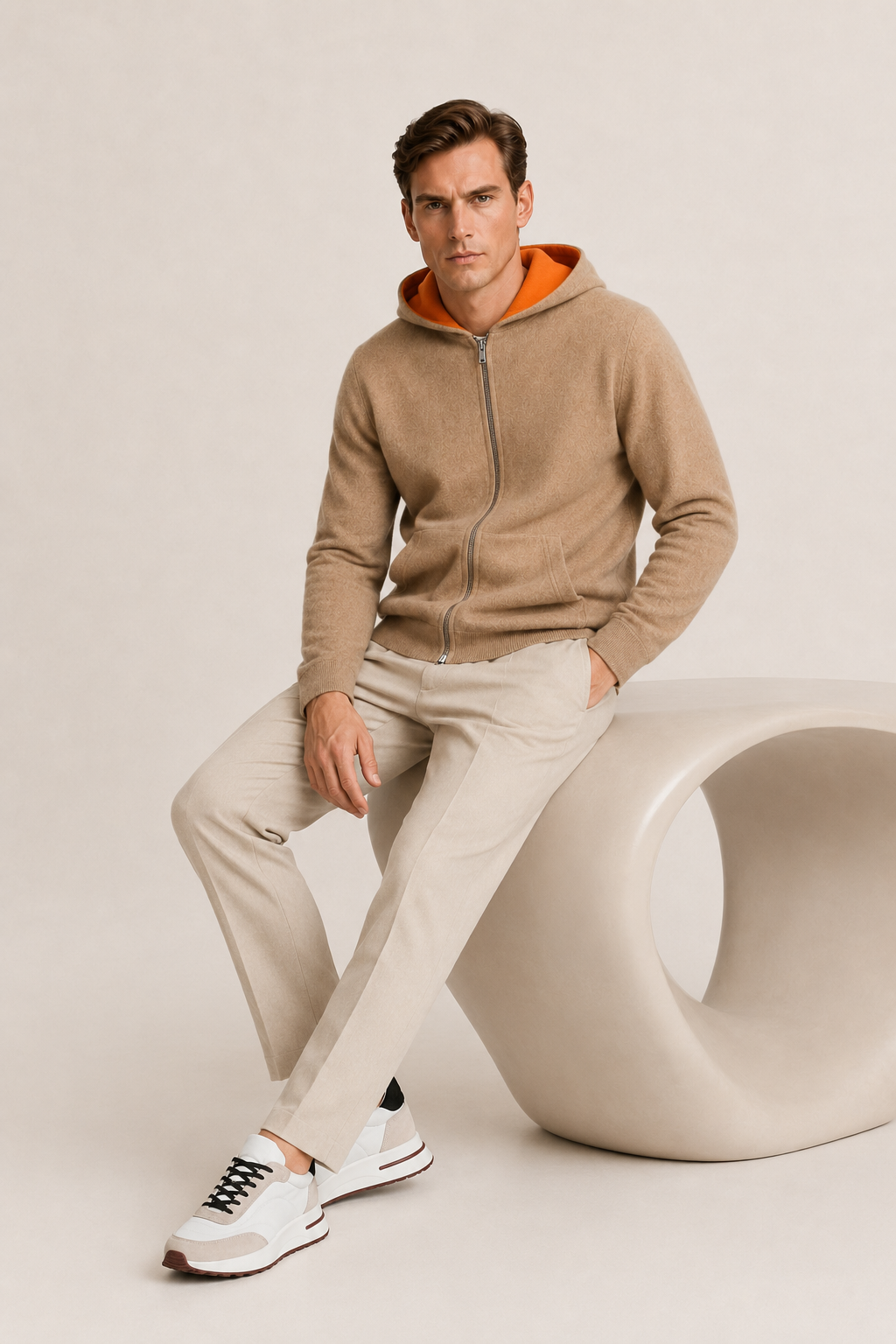 Wendbarer Kapuzenstrickjacke mit Reißverschluss Beige & Orange