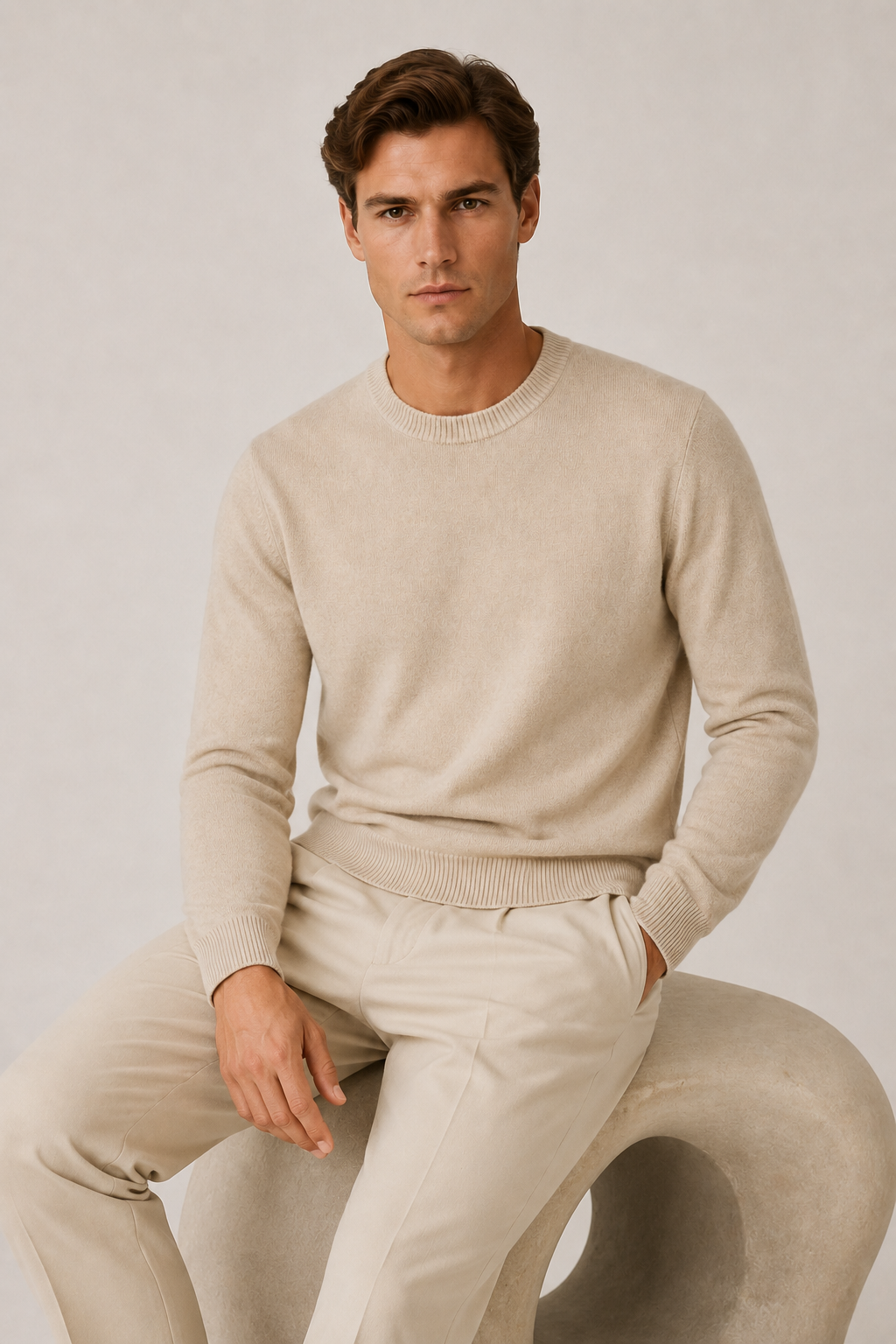 Feiner Wollpullover mit Rundhalsausschnitt in Beige